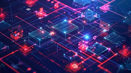 Obraz premium A detailed view of computer circuitry adorned with bright, glowing lights, signifying the complexity and interconnected nature of modern digital technology and innovation.