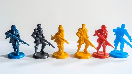 This image shows a line of six vibrant toy soldiers in various colors and poses standing on a white surface, creating a playful and nostalgic scene full of colors and imaginations.