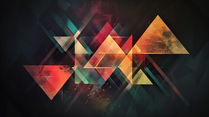 An abstract artwork features colorful geometric shapes, including triangles and diamonds, intersecting and overlapping each other, creating a vibrant and dynamic composition.