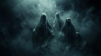 This image depicts three ghostly figures with eerie, glowing eyes, emerging from a dark, misty environment. Their presence creates a chilling and supernatural atmosphere.