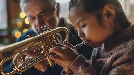 A child learning to play the trumpet closely guided by an elder person, captured in a warm and cozy indoor setting, spotlighting the nurturing and mentoring relationship.