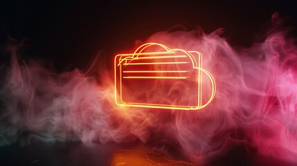 An orange neon digital cloud highlighted by overlapping lines and set against a smoky background, expressing modern data concepts and technological aesthetics in an abstract form.