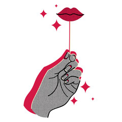 Hand holding cardboard lips on stick halftone doodle sketch