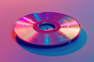 A shiny disc on a pink and blue background, suitable for music-related uses