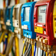 a group of modern shut-off valves of various designs for a gas pipeline isolated on white background. Generative AI
