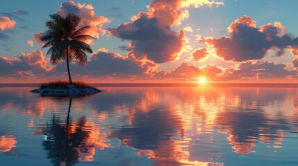 Tropical island with a palm tree at sunset. HDRI, environment map, Round panorama, spherical panorama, equidistant projection, panorama 360, seascape, 3d rendering