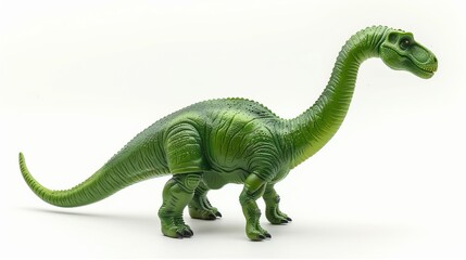 Fototapeta premium A realistic-looking green dinosaur toy with a long neck and tail, characteristic of a Brachiosaurus, standing on a plain white background with detailed texturing.