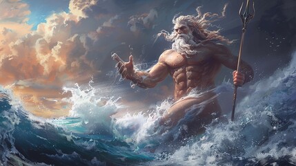 An imposing god with a muscular physique and long white beard is shown emerging powerfully from stormy ocean waves, holding a trident and commanding the sea.