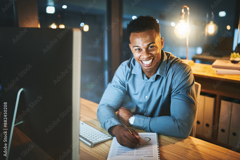 Aufkleber night, office and portrait of black man with notes, business plan and data analysis at desk at tech 