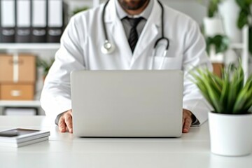 Doctor working on laptop in medical office with stethoscope