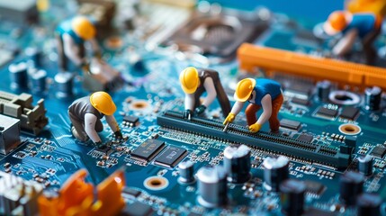 Depicts miniature figures of construction workers wearing hard hats and vests, working on a computer motherboard showcasing the integration of technology and manual labor.