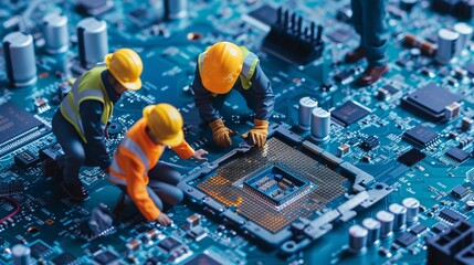 Shows miniature construction workers with different tools meticulously working on a computer motherboard, highlighting the detailed craftsmanship and precision of technology repairs.