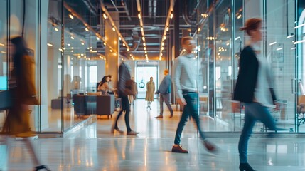 The image portrays a lively modern workspace where people are moving quickly, signifying a fast-paced and energetic work environment filled with light and activities.
