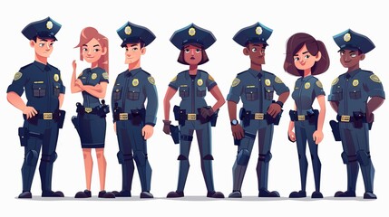 This image depicts a group of cartoon police officers standing together in a row. Each officer has a unique appearance and uniform, symbolizing diversity and unity.