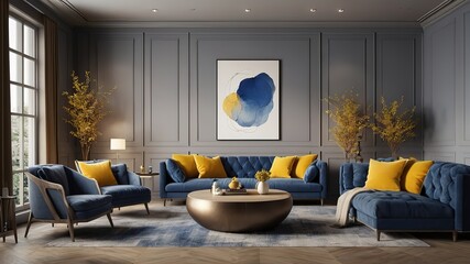 Modern living room interior yellow and blue sofa with fire place