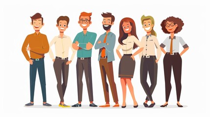 A diverse group of cartoon office employees stands together, each with unique expressions and attire. They appear friendly and approachable, symbolizing teamwork and cooperation.