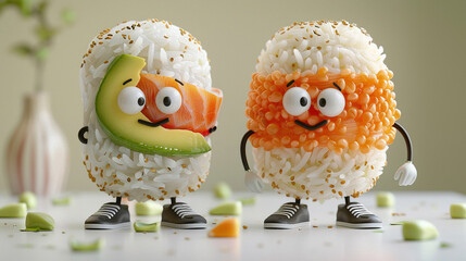 realistic photo 3d sushi hosomaki and uramaki character