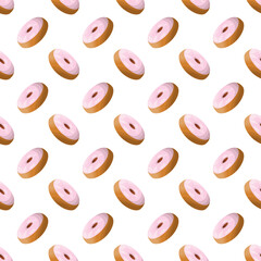 Donut with pink glaze. Round buttery sweet pastries decorated with pink pastry pamada. Delicious national American dessert. Seamless pattern. White background. Vector illustration .