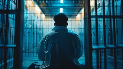 A lone figure dressed in a white robe sits with their back to the viewer inside a brightly lit caged room, evoking themes of solitude, contemplation, and confinement.