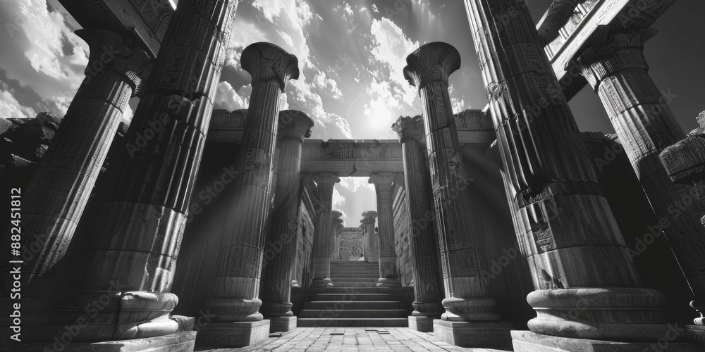 Poster a photograph of several stone or marble columns in monochrome tones