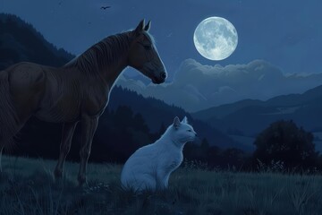 In the moonlit meadow, a supernatural scene unfolded as a dog, cat, and horse communicated with silent understanding