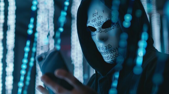 A mysterious figure with a hood and digitized mask uses a smartphone, surrounded by a cyber-themed, blue-hued backdrop suggesting hacking or cybersecurity.