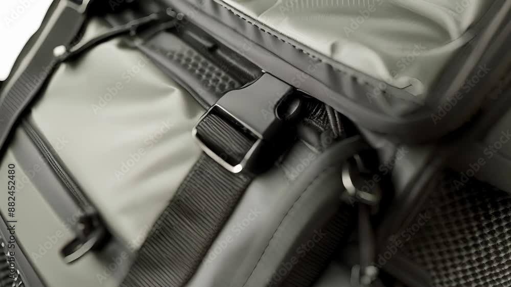 Poster closeup of a backpack made with sleek waterresistant material complete with adjustable ss multiple p