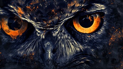 A close-up of a fierce owl with intensely glowing, fiery eyes, surrounded by abstract elements and textures, capturing a wild and powerful essence in a surreal artistic style.