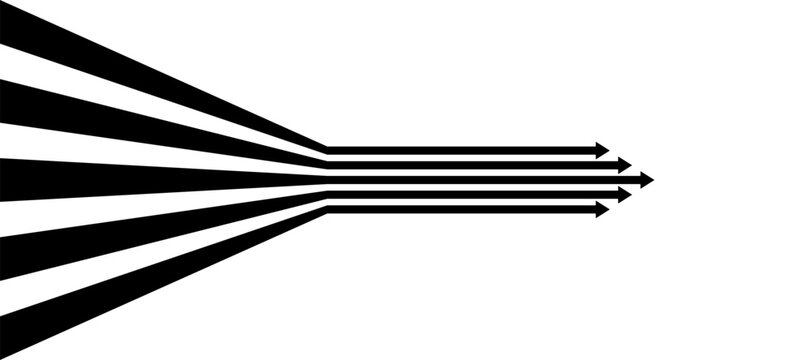 Black on white perspective line stripes arrow with 3d dimensional effect isolated on white