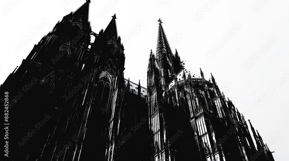 Poster black and white photo of a gothic-style cathedral with intricate details, suitable for use in histor