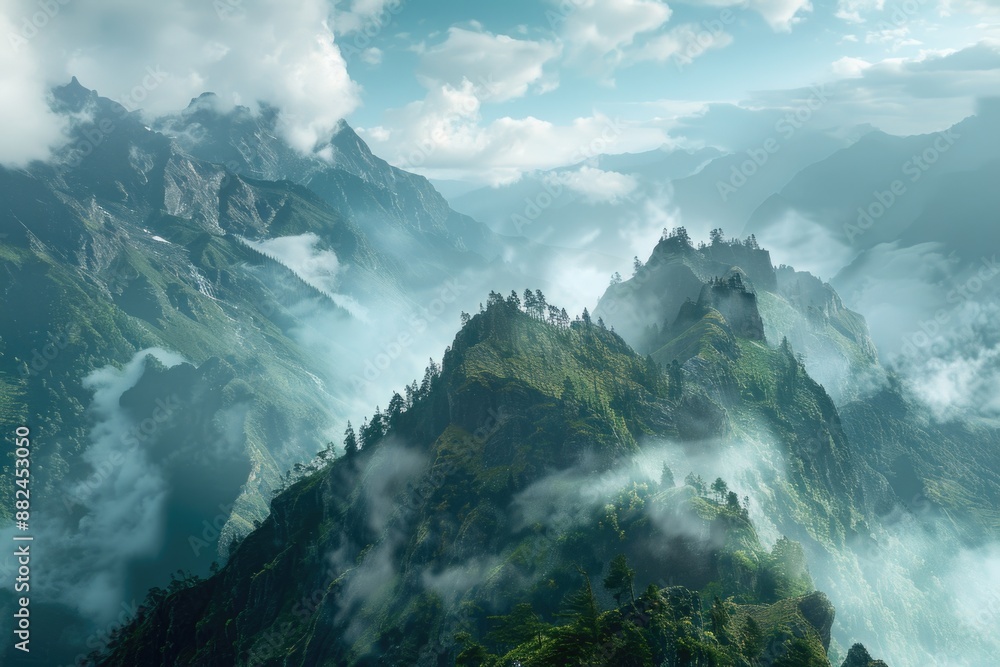 Poster a scenic view of a mountain range shrouded in clouds, with misty peaks and valleys