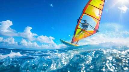 A windsurfer gliding over choppy waves with a vibrant sail against a clear blue sky
