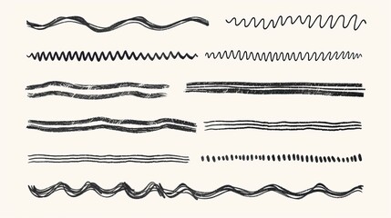 Obraz premium A collection of hand-drawn black ink lines and wavy patterns on a white background, featuring a mix of straight, wavy, and textured lines for creative design use.