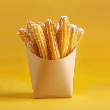 Sweet and crispy churros in a paper container on yellow background