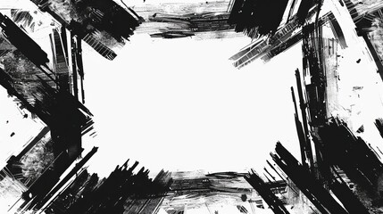 Fototapeta premium This image features an abstract design with black brush strokes radiating from the edges towards the center, creating a dynamic framed effect with a clean white center.