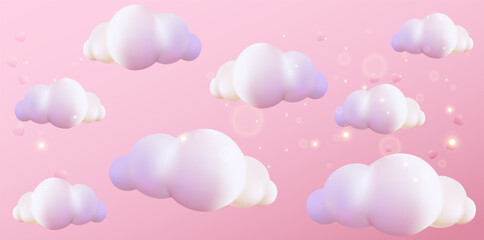 Cute clouds on a pink background with sparkl