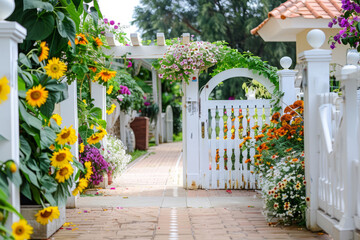 Obraz premium Charming garden entrance featuring a white gate adorned with vibrant various colorful flowers