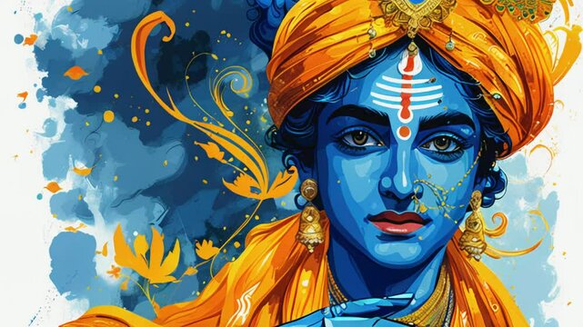 Hare Krishnas. Hindu male god or saint with blue skin, gold jewelry, colorful clothes and framed with colorful flowers