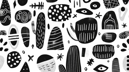 A black and white illustration with various abstract shapes and lines, including circles, ovals, stripes, and eye motifs, creating a dynamic visual composition.