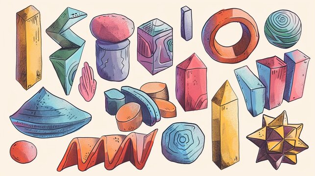 A vibrant collection of geometric shapes such as cylinders, pyramids, and cubes, illustrated in different colors and textures to form an engaging abstract composition.