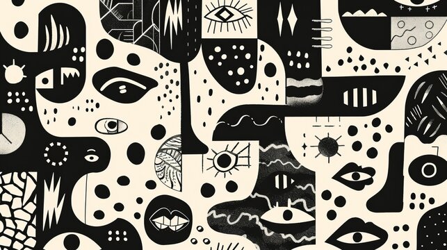 A black and white abstract illustration featuring multiple eye motifs along with various other shapes, creating a visually striking and mysterious composition.