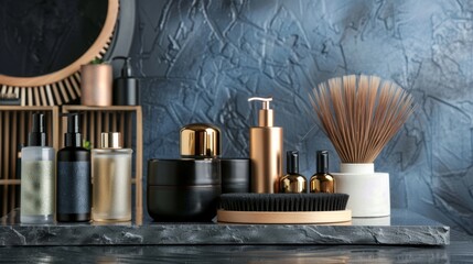 jar of creams and makeup without logos in limestone piece