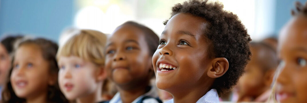 Motivated primary school children attending a school class..