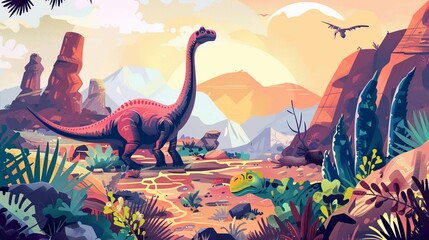 Naklejka premium A vibrant prehistoric landscape featuring a prominent sauropod dinosaur amidst lush vegetation, rocky formations, and a dramatic sunset sky. Pterosaurs soar in the backdrop.