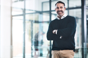 Mature, businessman and arms crossed portrait with law firm, attorney agency or manager for goals....