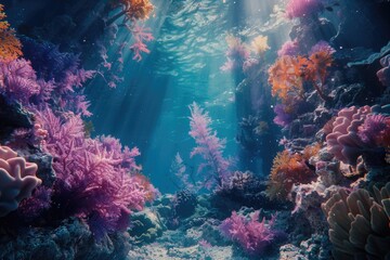 Obraz premium Underwater scene of a coral reef with sunlight shining through the water, ideal for use in illustrations about marine life, ocean conservation, or tropical vacations