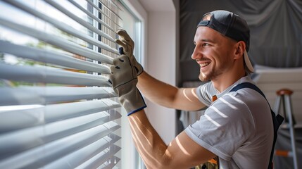 A smiling man wearing gloves and a tool belt installs window blinds, capturing a moment of satisfaction and craftsmanship.