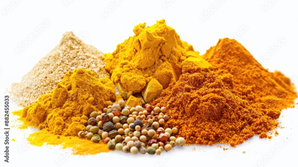 Poster A colorful arrangement of spices on a clean white background