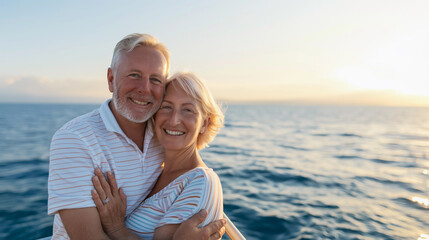 A couple is smiling and hugging on a boat in the ocean