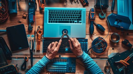 Hands of an engineer meticulously repairing an electronic device with precision tools on a desk cluttered with various electronic components and instruments.